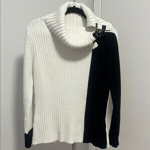 Monari-Two-Tone Ribbed Cowl Neck Sweater - White & Black